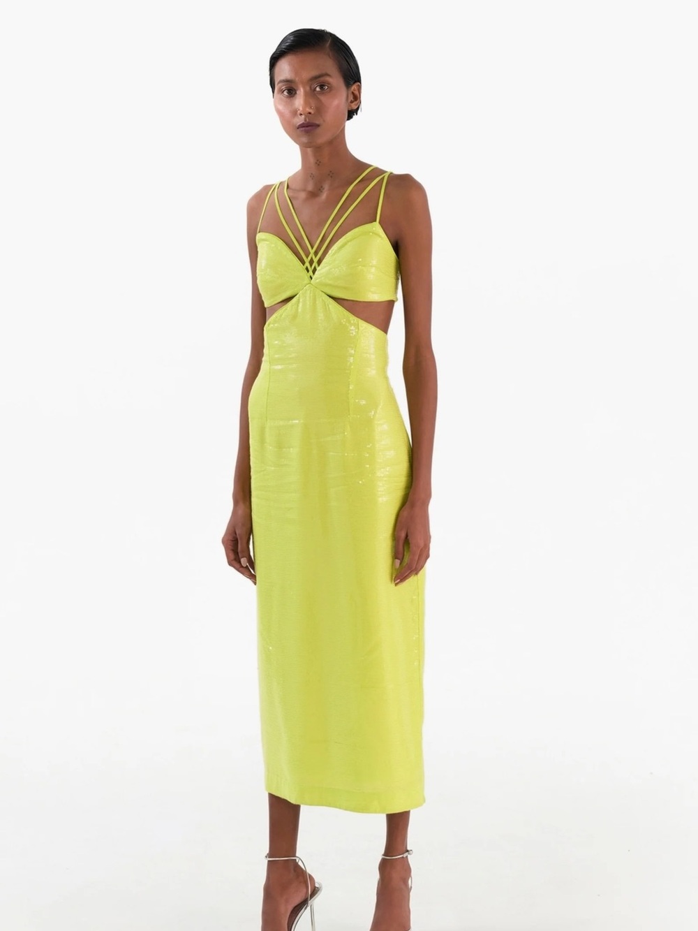 NWOT Afew by Rahul Mishra Strappy Neon Lime Cutout Midi Dress